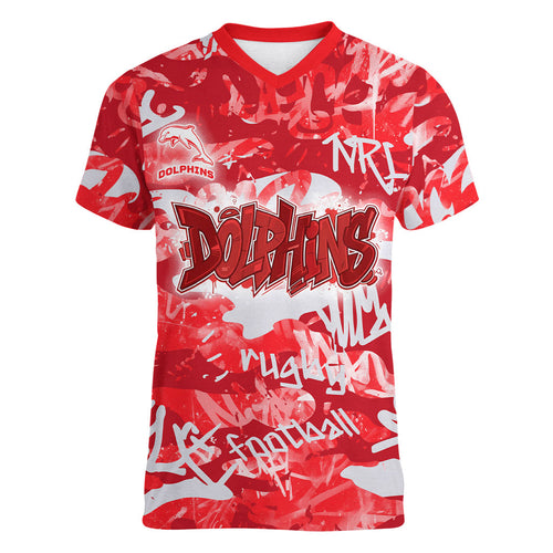 Dolphins Rugby Women V-Neck T-Shirt Graffiti Typography Urban Camo Abstract Street Style