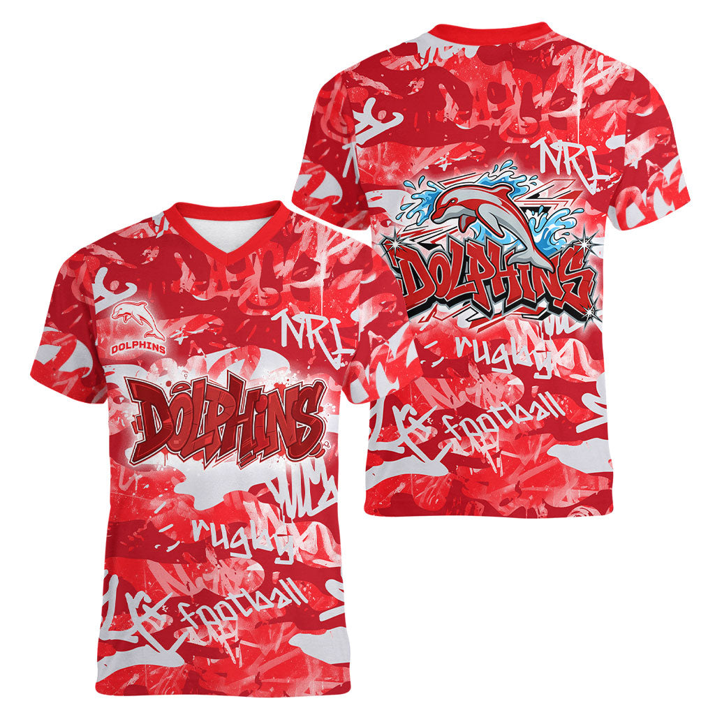 Dolphins Rugby Women V-Neck T-Shirt Graffiti Typography Urban Camo Abstract Street Style