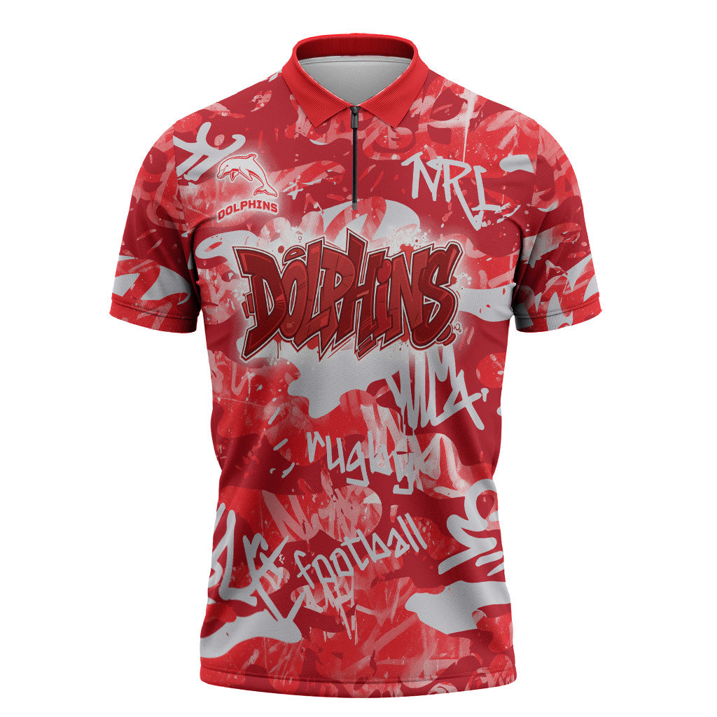 Dolphins Rugby Zipper Polo Shirt Graffiti Typography Urban Camo Abstract Street Style