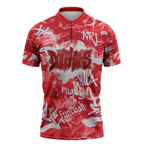 Dolphins Rugby Zipper Polo Shirt Graffiti Typography Urban Camo Abstract Street Style
