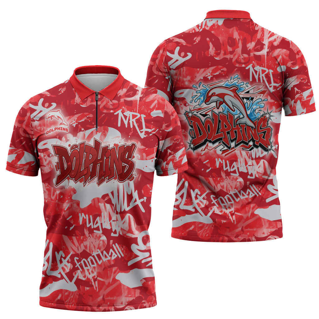 Dolphins Rugby Zipper Polo Shirt Graffiti Typography Urban Camo Abstract Street Style
