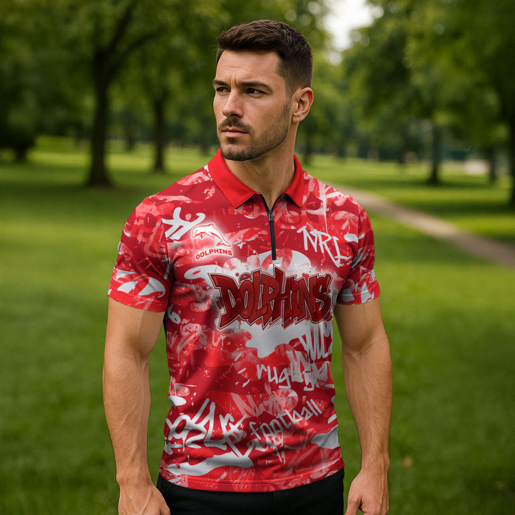 Dolphins Rugby Zipper Polo Shirt Graffiti Typography Urban Camo Abstract Street Style