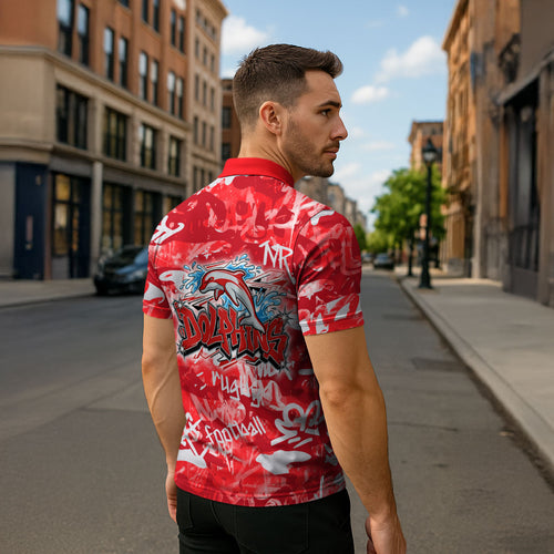 Dolphins Rugby Zipper Polo Shirt Graffiti Typography Urban Camo Abstract Street Style