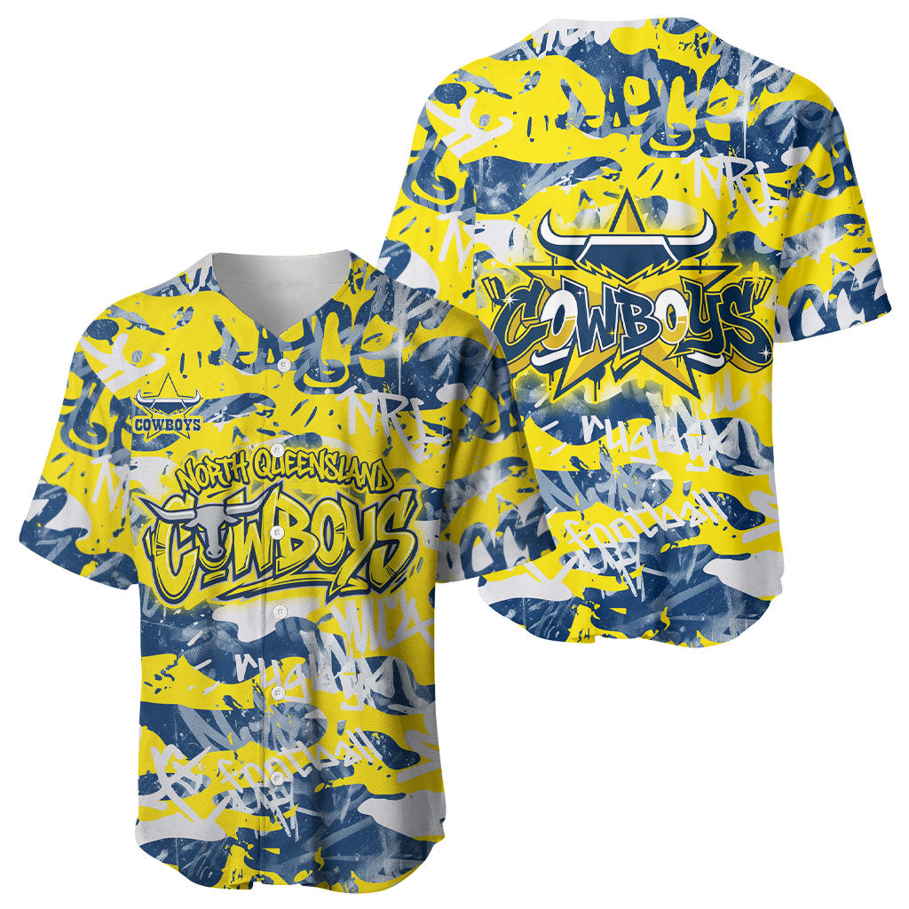 North Queensland Cowboys Rugby Baseball Jersey Graffiti Typography Urban Camo Abstract Street Style
