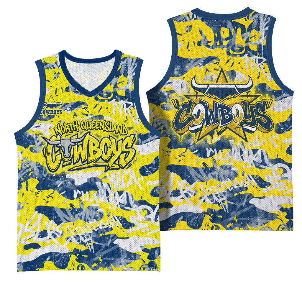 North Queensland Cowboys Rugby Basketball Jersey Graffiti Typography Urban Camo Abstract Street Style