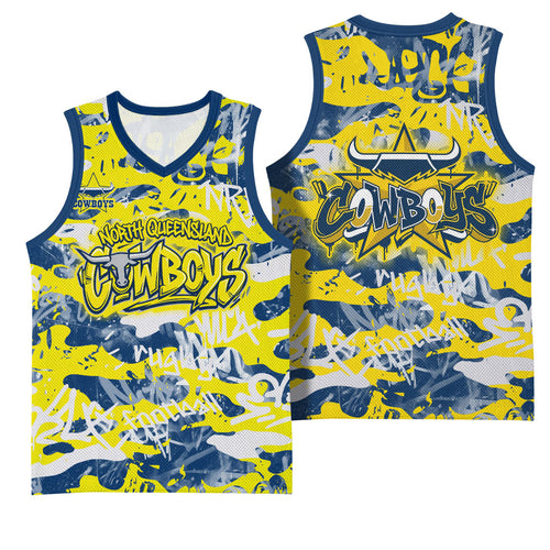 North Queensland Cowboys Rugby Basketball Jersey Graffiti Typography Urban Camo Abstract Street Style