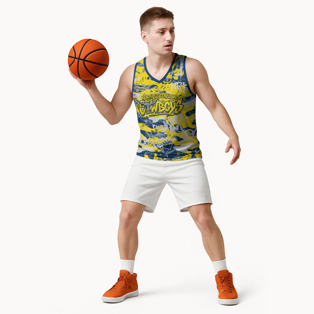 North Queensland Cowboys Rugby Basketball Jersey Graffiti Typography Urban Camo Abstract Street Style