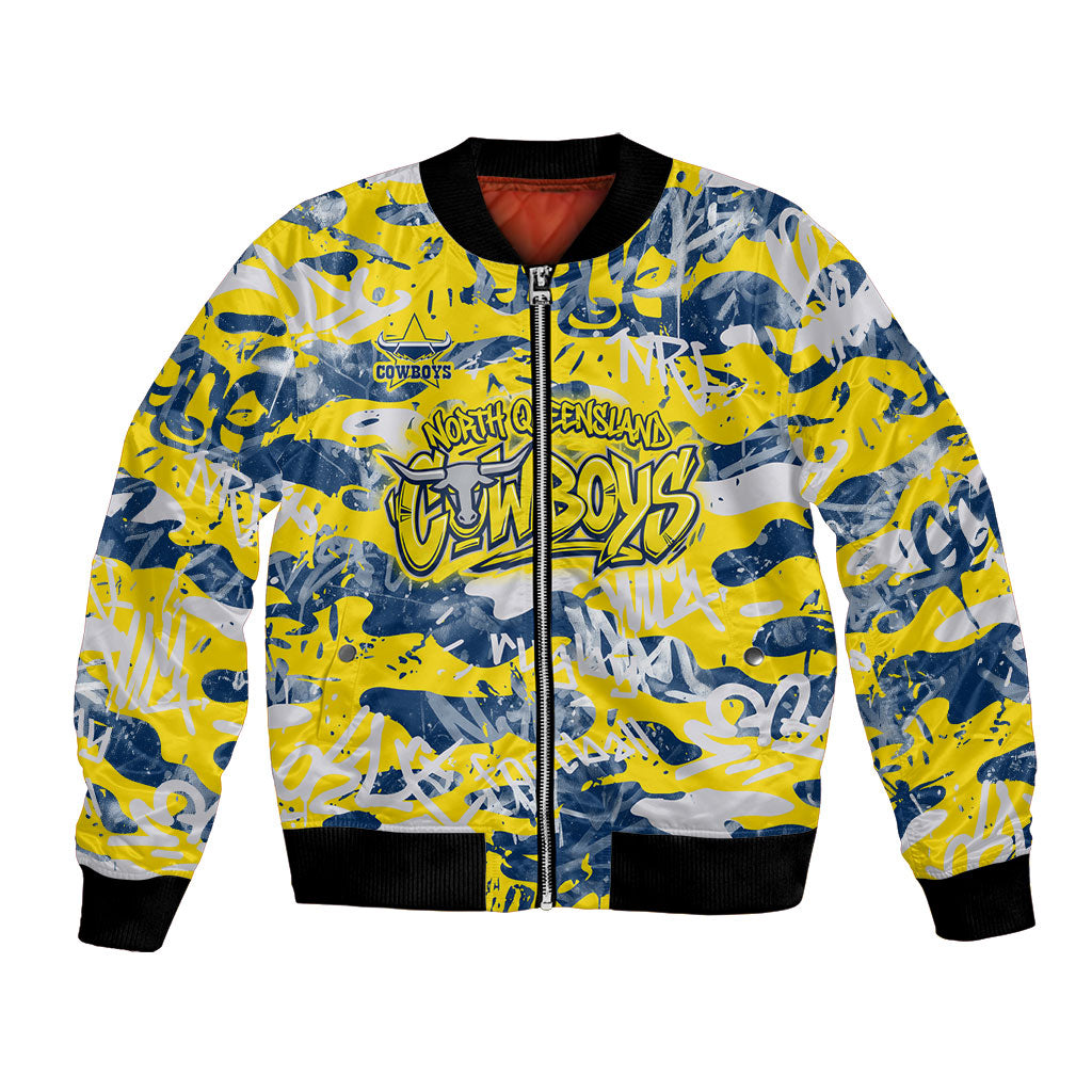 North Queensland Cowboys Rugby Bomber Jacket Graffiti Typography Urban Camo Abstract Street Style