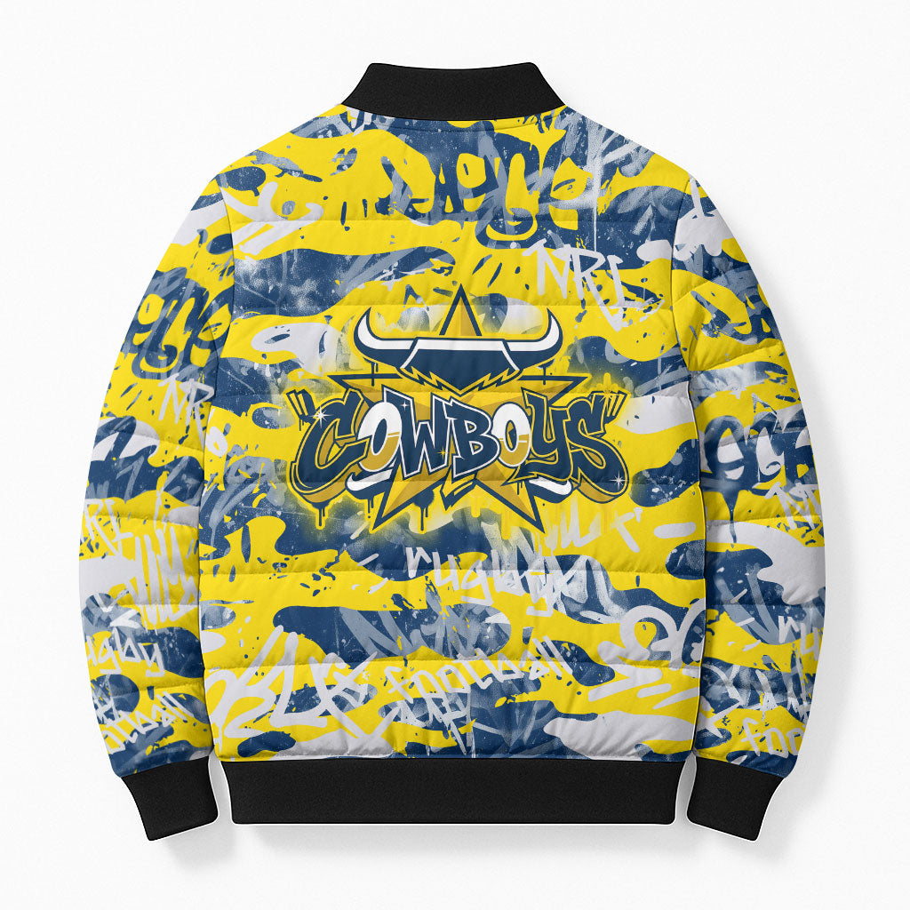 North Queensland Cowboys Rugby Bomber Puffer Jacket Graffiti Typography Urban Camo Abstract Street Style