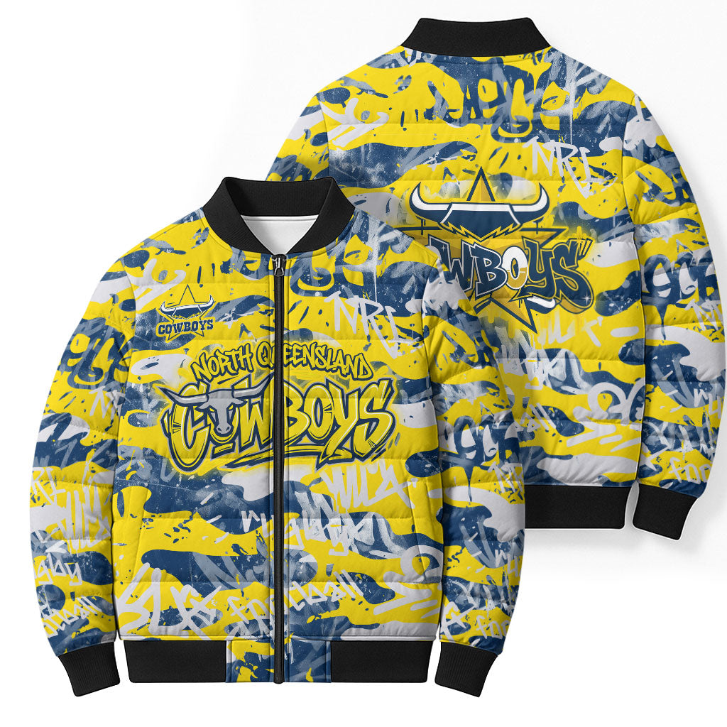 North Queensland Cowboys Rugby Bomber Puffer Jacket Graffiti Typography Urban Camo Abstract Street Style