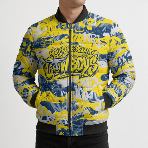 North Queensland Cowboys Rugby Bomber Puffer Jacket Graffiti Typography Urban Camo Abstract Street Style