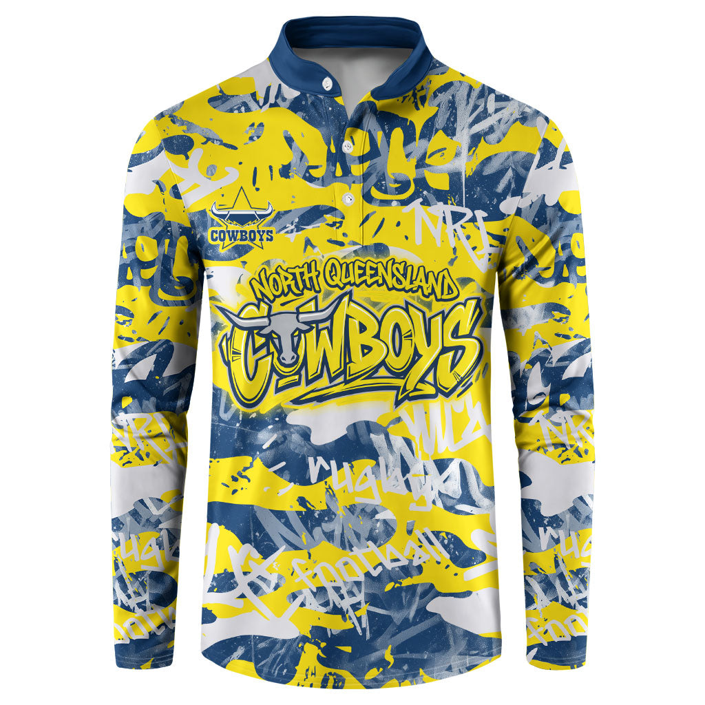 North Queensland Cowboys Rugby Button Sweatshirt Graffiti Typography Urban Camo Abstract Street Style
