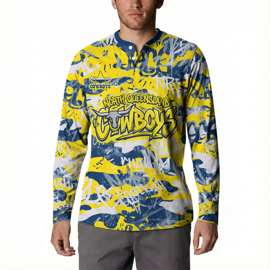 North Queensland Cowboys Rugby Button Sweatshirt Graffiti Typography Urban Camo Abstract Street Style
