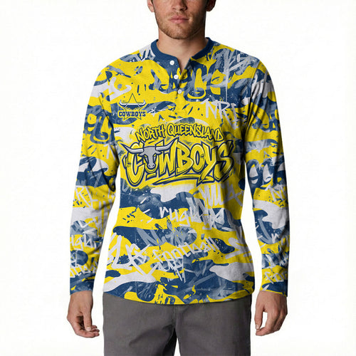 North Queensland Cowboys Rugby Button Sweatshirt Graffiti Typography Urban Camo Abstract Street Style