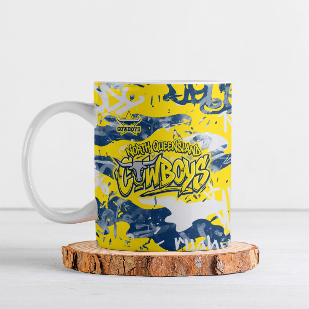 North Queensland Cowboys Rugby Ceramic Mug Graffiti Typography Urban Camo Abstract Street Style