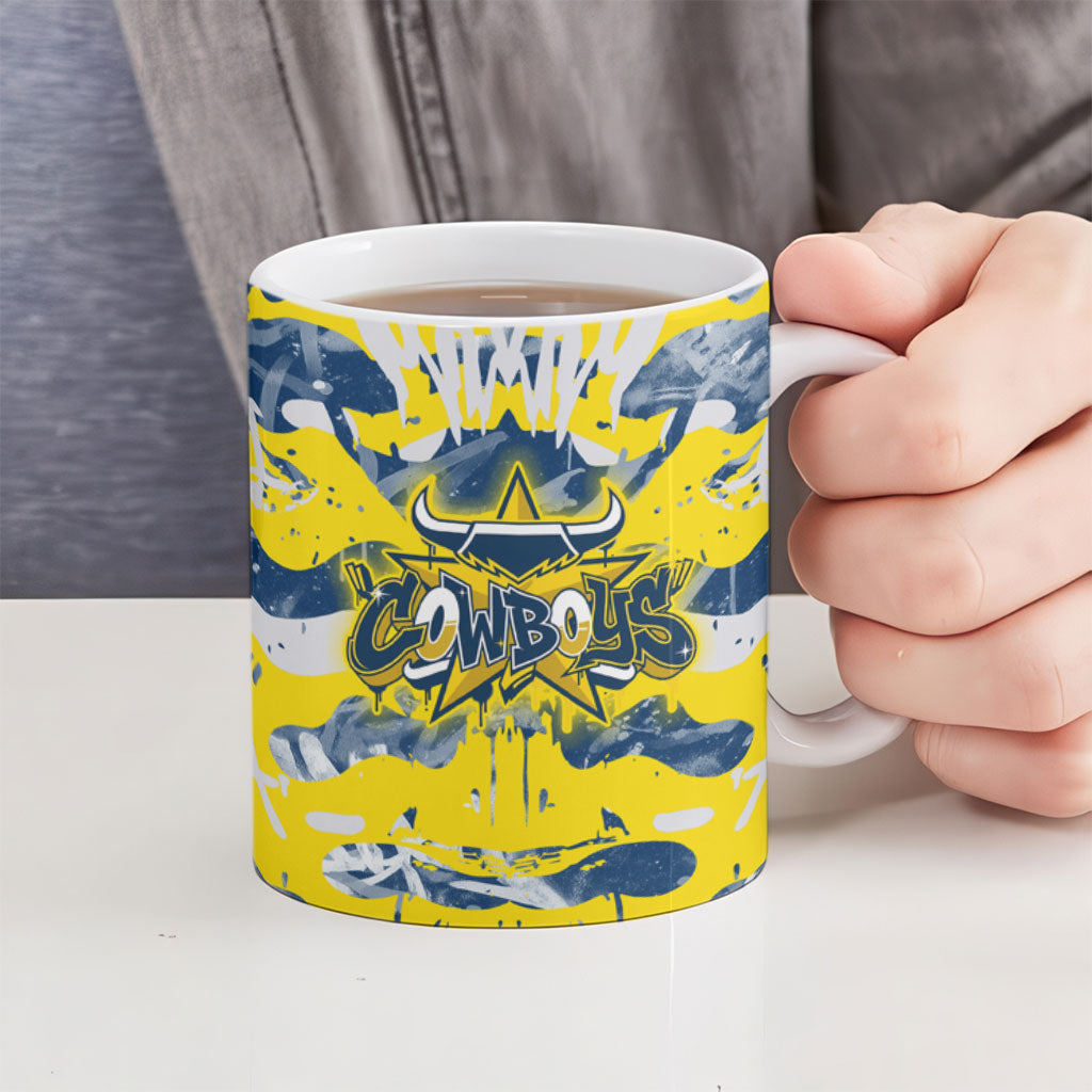 North Queensland Cowboys Rugby Ceramic Mug Graffiti Typography Urban Camo Abstract Street Style