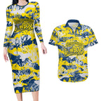 North Queensland Cowboys Rugby Couples Matching Long Sleeve Bodycon Dress and Hawaiian Shirt Graffiti Typography Urban Camo Abstract Street Style