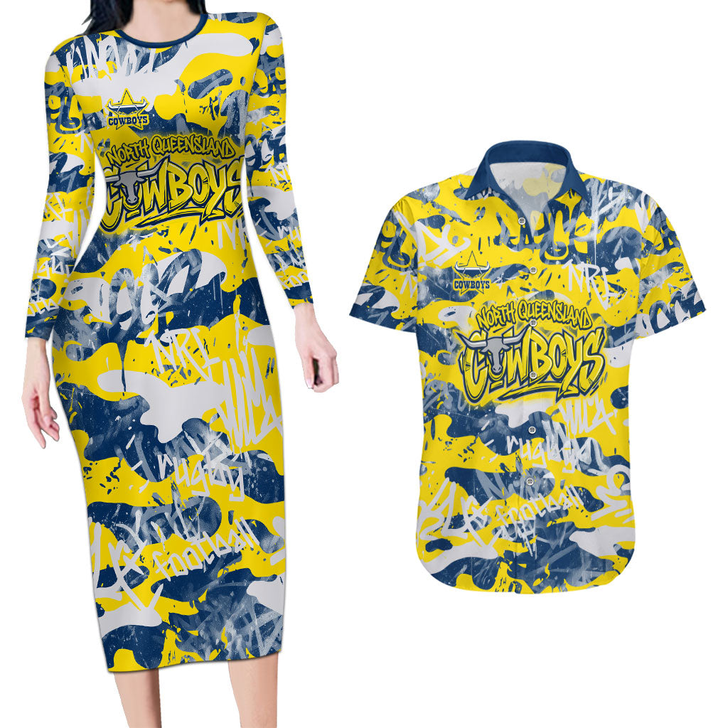 North Queensland Cowboys Rugby Couples Matching Long Sleeve Bodycon Dress and Hawaiian Shirt Graffiti Typography Urban Camo Abstract Street Style
