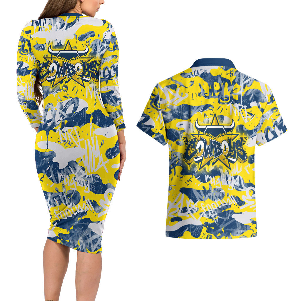 North Queensland Cowboys Rugby Couples Matching Long Sleeve Bodycon Dress and Hawaiian Shirt Graffiti Typography Urban Camo Abstract Street Style