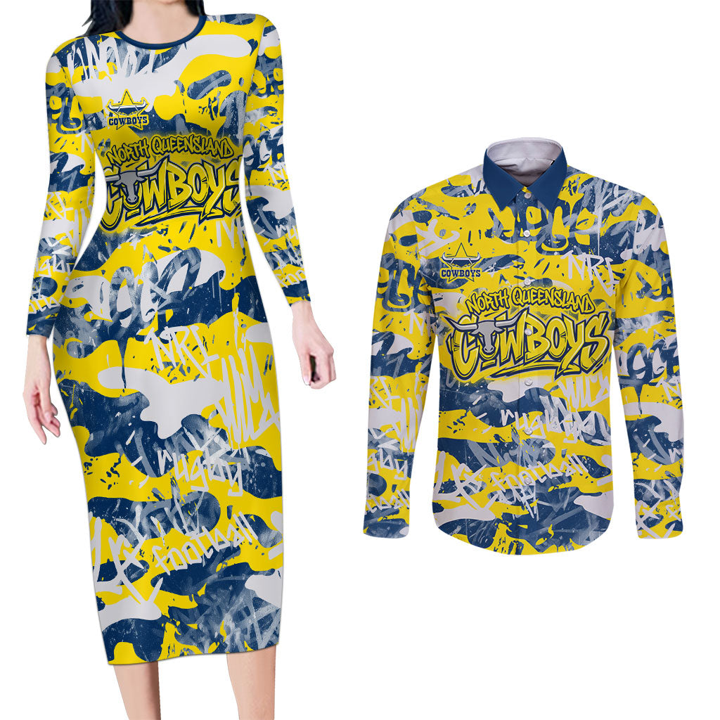 North Queensland Cowboys Rugby Couples Matching Long Sleeve Bodycon Dress and Long Sleeve Button Shirt Graffiti Typography Urban Camo Abstract Street Style