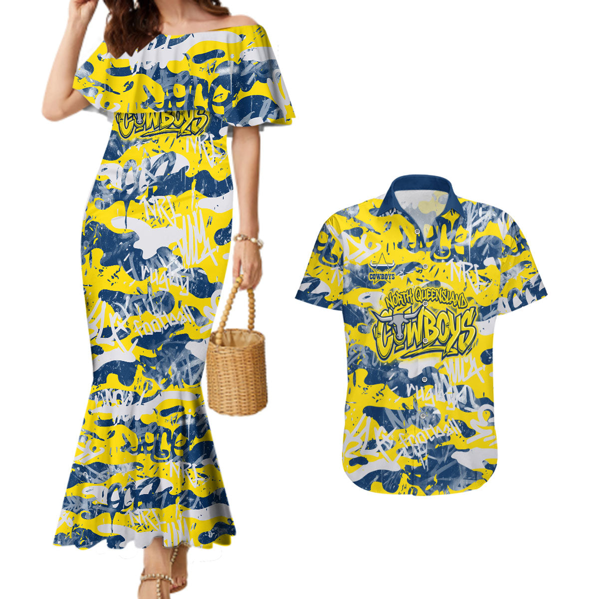 North Queensland Cowboys Rugby Couples Matching Mermaid Dress and Hawaiian Shirt Graffiti Typography Urban Camo Abstract Street Style