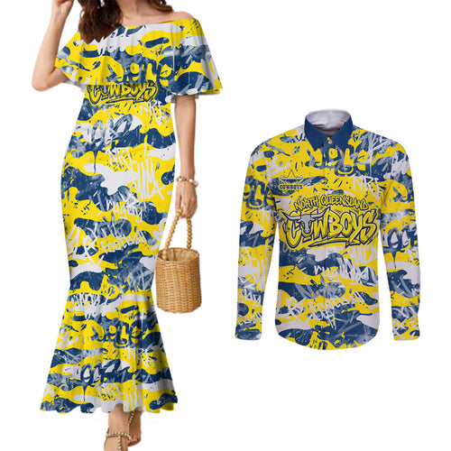 North Queensland Cowboys Rugby Couples Matching Mermaid Dress and Long Sleeve Button Shirt Graffiti Typography Urban Camo Abstract Street Style