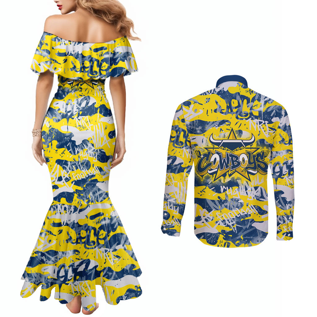 North Queensland Cowboys Rugby Couples Matching Mermaid Dress and Long Sleeve Button Shirt Graffiti Typography Urban Camo Abstract Street Style