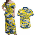 North Queensland Cowboys Rugby Couples Matching Off Shoulder Maxi Dress and Hawaiian Shirt Graffiti Typography Urban Camo Abstract Street Style