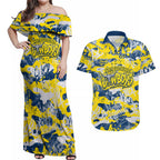 North Queensland Cowboys Rugby Couples Matching Off Shoulder Maxi Dress and Hawaiian Shirt Graffiti Typography Urban Camo Abstract Street Style
