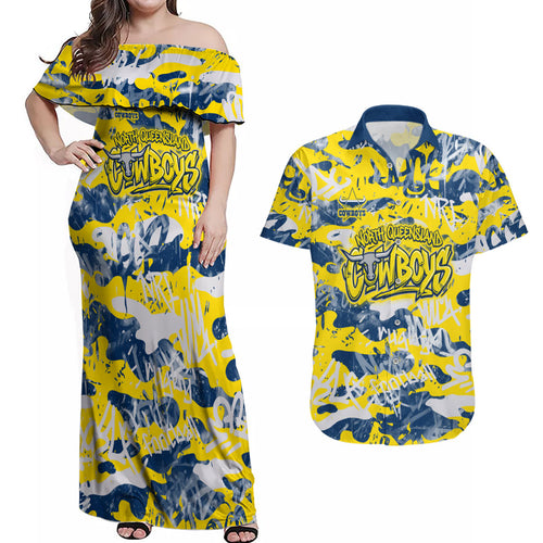 North Queensland Cowboys Rugby Couples Matching Off Shoulder Maxi Dress and Hawaiian Shirt Graffiti Typography Urban Camo Abstract Street Style