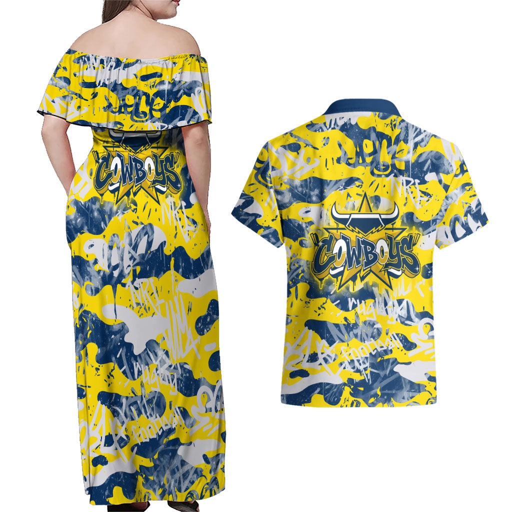 North Queensland Cowboys Rugby Couples Matching Off Shoulder Maxi Dress and Hawaiian Shirt Graffiti Typography Urban Camo Abstract Street Style