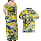 North Queensland Cowboys Rugby Couples Matching Off Shoulder Maxi Dress and Hawaiian Shirt Graffiti Typography Urban Camo Abstract Street Style