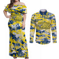 North Queensland Cowboys Rugby Couples Matching Off Shoulder Maxi Dress and Long Sleeve Button Shirt Graffiti Typography Urban Camo Abstract Street Style