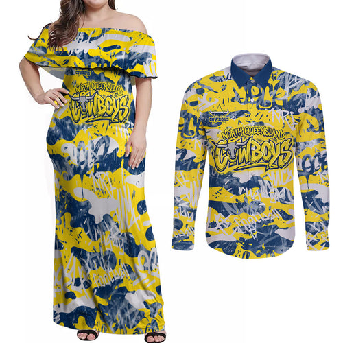 North Queensland Cowboys Rugby Couples Matching Off Shoulder Maxi Dress and Long Sleeve Button Shirt Graffiti Typography Urban Camo Abstract Street Style