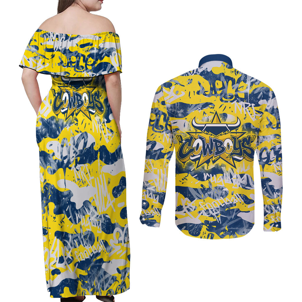 North Queensland Cowboys Rugby Couples Matching Off Shoulder Maxi Dress and Long Sleeve Button Shirt Graffiti Typography Urban Camo Abstract Street Style