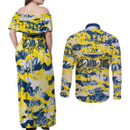 North Queensland Cowboys Rugby Couples Matching Off Shoulder Maxi Dress and Long Sleeve Button Shirt Graffiti Typography Urban Camo Abstract Street Style