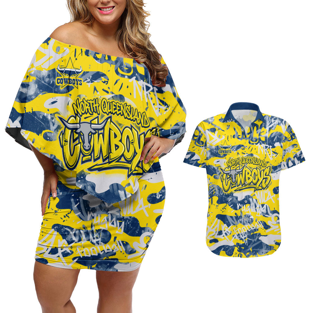 North Queensland Cowboys Rugby Couples Matching Off Shoulder Short Dress and Hawaiian Shirt Graffiti Typography Urban Camo Abstract Street Style