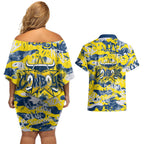 North Queensland Cowboys Rugby Couples Matching Off Shoulder Short Dress and Hawaiian Shirt Graffiti Typography Urban Camo Abstract Street Style