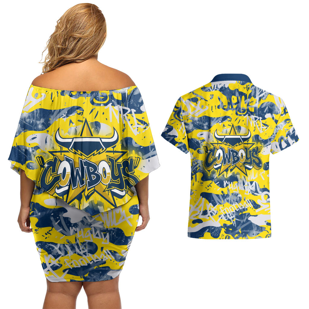 North Queensland Cowboys Rugby Couples Matching Off Shoulder Short Dress and Hawaiian Shirt Graffiti Typography Urban Camo Abstract Street Style