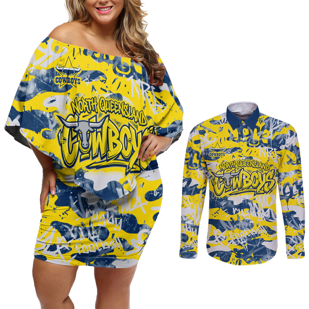 North Queensland Cowboys Rugby Couples Matching Off Shoulder Short Dress and Long Sleeve Button Shirt Graffiti Typography Urban Camo Abstract Street Style