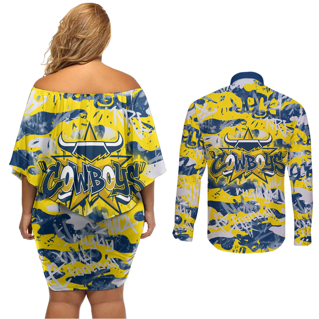 North Queensland Cowboys Rugby Couples Matching Off Shoulder Short Dress and Long Sleeve Button Shirt Graffiti Typography Urban Camo Abstract Street Style