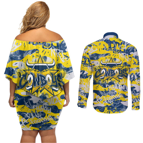 North Queensland Cowboys Rugby Couples Matching Off Shoulder Short Dress and Long Sleeve Button Shirt Graffiti Typography Urban Camo Abstract Street Style