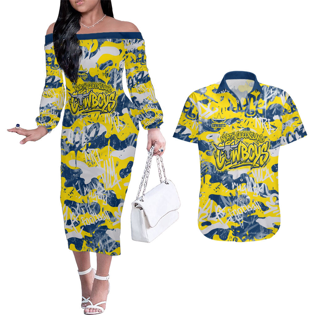 North Queensland Cowboys Rugby Couples Matching Off The Shoulder Long Sleeve Dress and Hawaiian Shirt Graffiti Typography Urban Camo Abstract Street Style