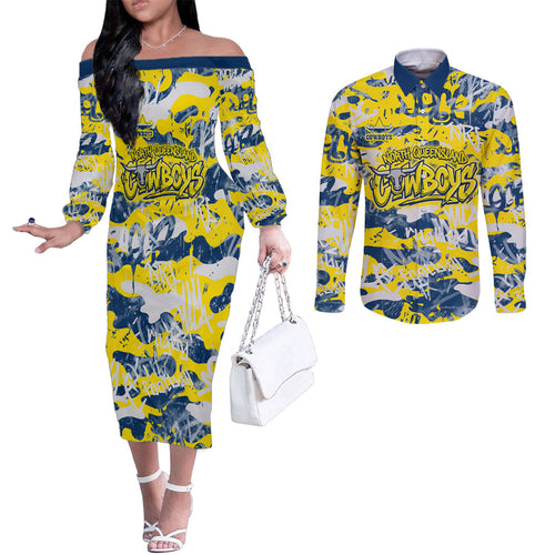North Queensland Cowboys Rugby Couples Matching Off The Shoulder Long Sleeve Dress and Long Sleeve Button Shirt Graffiti Typography Urban Camo Abstract Street Style