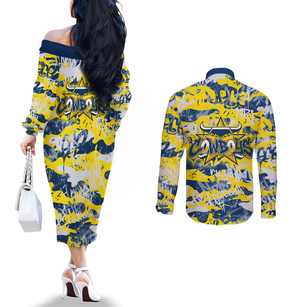 North Queensland Cowboys Rugby Couples Matching Off The Shoulder Long Sleeve Dress and Long Sleeve Button Shirt Graffiti Typography Urban Camo Abstract Street Style