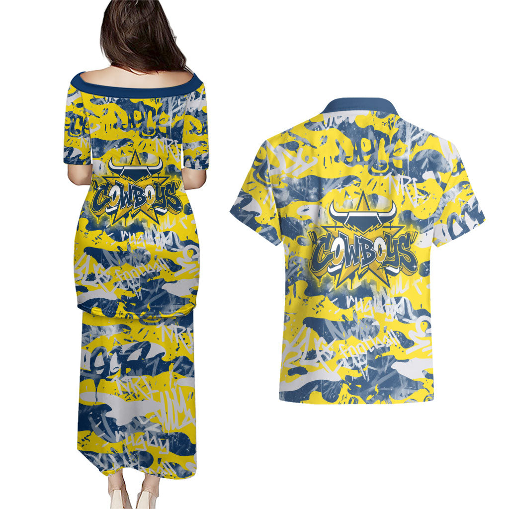 North Queensland Cowboys Rugby Couples Matching Puletasi and Hawaiian Shirt Graffiti Typography Urban Camo Abstract Street Style