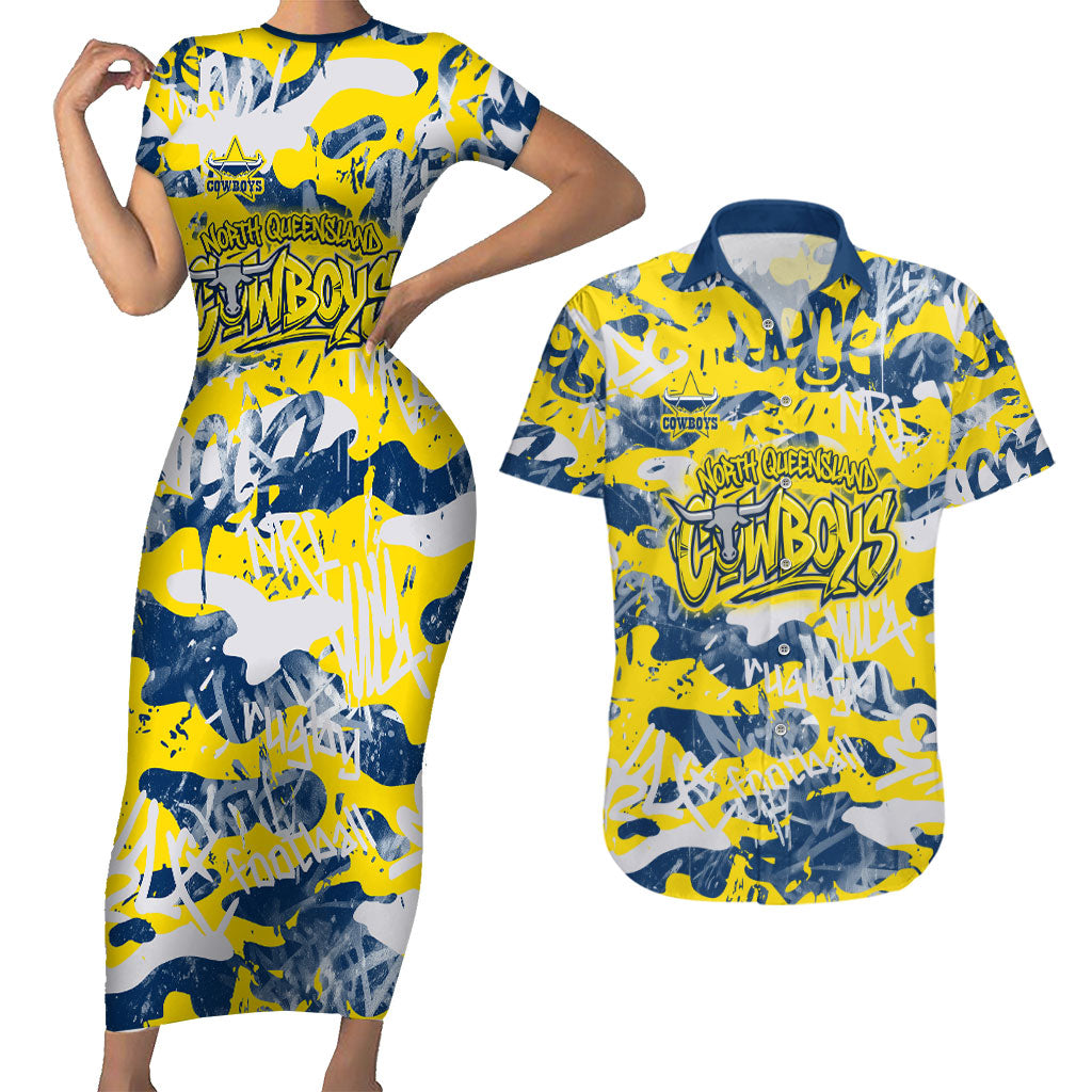 North Queensland Cowboys Rugby Couples Matching Short Sleeve Bodycon Dress and Hawaiian Shirt Graffiti Typography Urban Camo Abstract Street Style