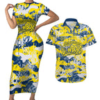 North Queensland Cowboys Rugby Couples Matching Short Sleeve Bodycon Dress and Hawaiian Shirt Graffiti Typography Urban Camo Abstract Street Style