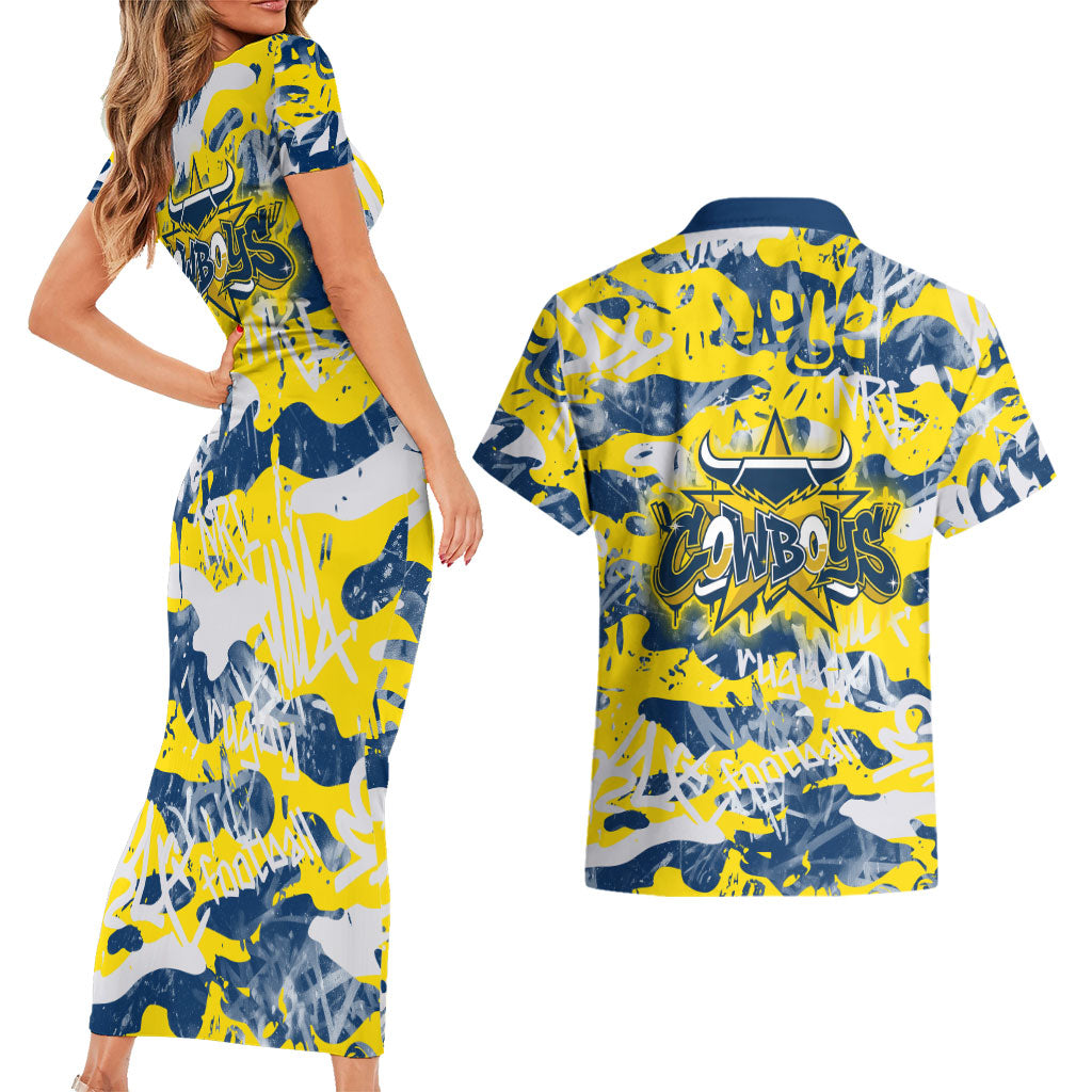 North Queensland Cowboys Rugby Couples Matching Short Sleeve Bodycon Dress and Hawaiian Shirt Graffiti Typography Urban Camo Abstract Street Style