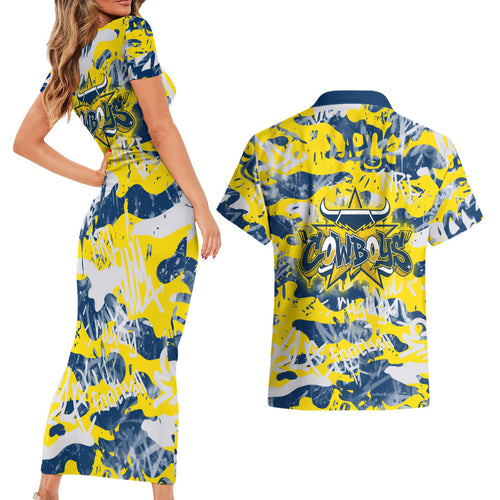 North Queensland Cowboys Rugby Couples Matching Short Sleeve Bodycon Dress and Hawaiian Shirt Graffiti Typography Urban Camo Abstract Street Style